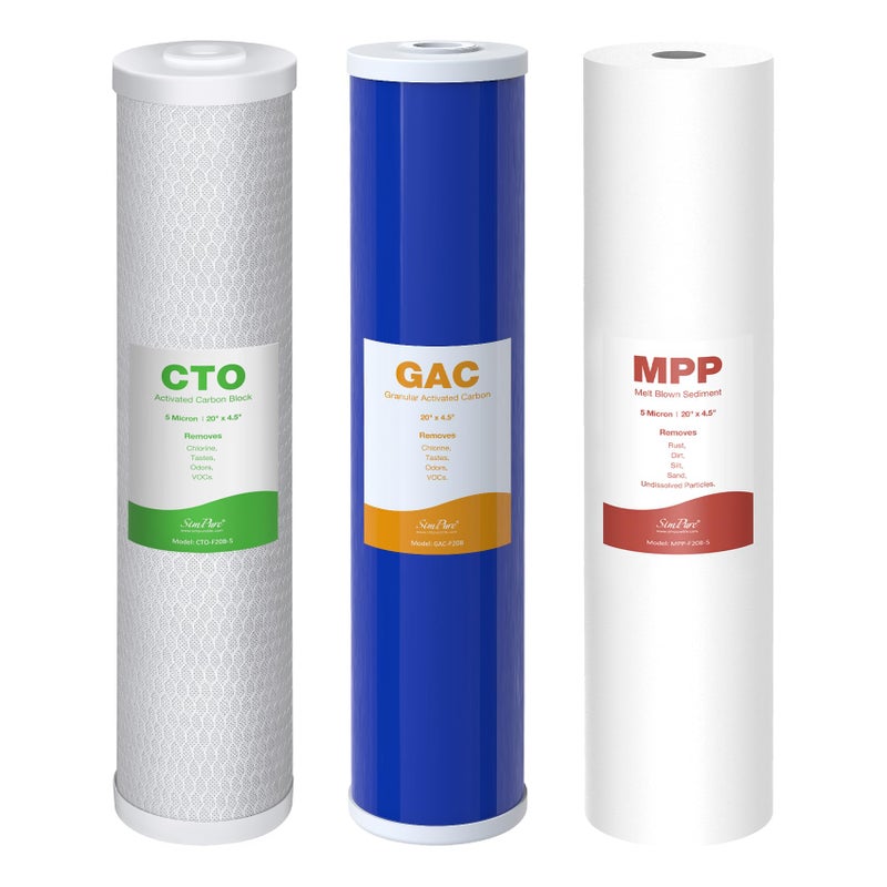 SimPure Whole House Water Filter Cartridges 5 Micron 20" x 4.5" PP+GAC+CTO 3-Stage Sediment and Carbon Filter Set, for DB20P-3, DGD-5005-20, GAC-20BB, FC25B, 1 Set - Image 1