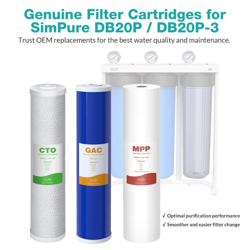 SimPure Whole House Water Filter Cartridges 5 Micron 20" x 4.5" PP+GAC+CTO 3-Stage Sediment and Carbon Filter Set, for DB20P-3, DGD-5005-20, GAC-20BB, FC25B, 1 Set - Image 2
