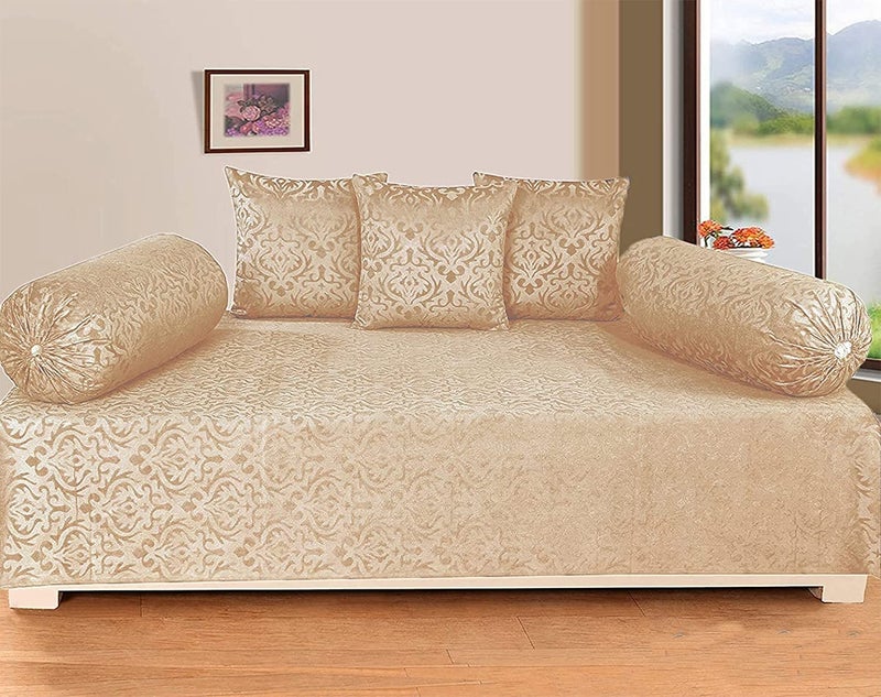 STARNSTYLE Premium Velvet Diwan Set - Bedsheet, 2pc Bolster Cover with Dori and 3pc Cushion Covers Large Set of 6 Pieces Beige - Image 1