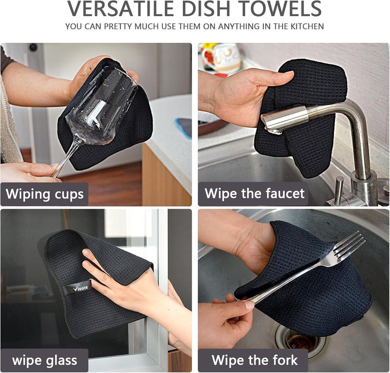 VIVOTE 12pack Microfiber Cloth Barista Cloth Black Waffle Tea Towel Dishcloths Washable Kitchen Rags Thick Household Cleaning Cloths No Lint 20cm X 20cm - Image 4