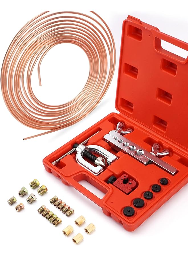 TERRIFI 25 Ft 3/16 Copper Coated Brake Line Kit With 16 Fittings And 4 Unions, Includes Double & Single Flaring Tool Kit For Brake Line Installation And Repair  - Image 1
