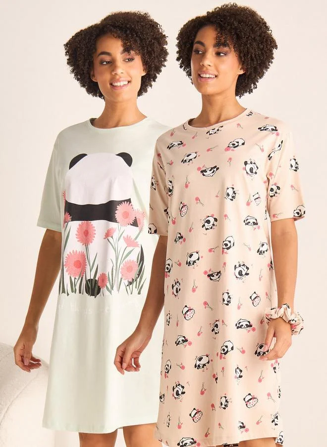 سبلاش فيڤ طقم من قطعتين - قميص نوم بطبعات كاملة وأكمام قصيرة