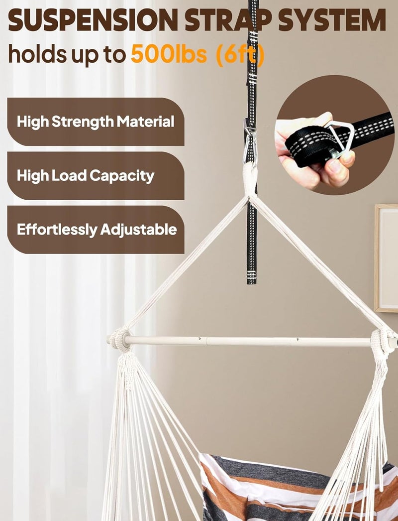 Chihee Hanging Swing Hammock Chair, 2 Cushions, Durable Stainless Steel Extendable Bar, Portable Hanging Chair, Side Pocket, Large Macrame Chair Set, Quality Cotton Fabric - Image 3