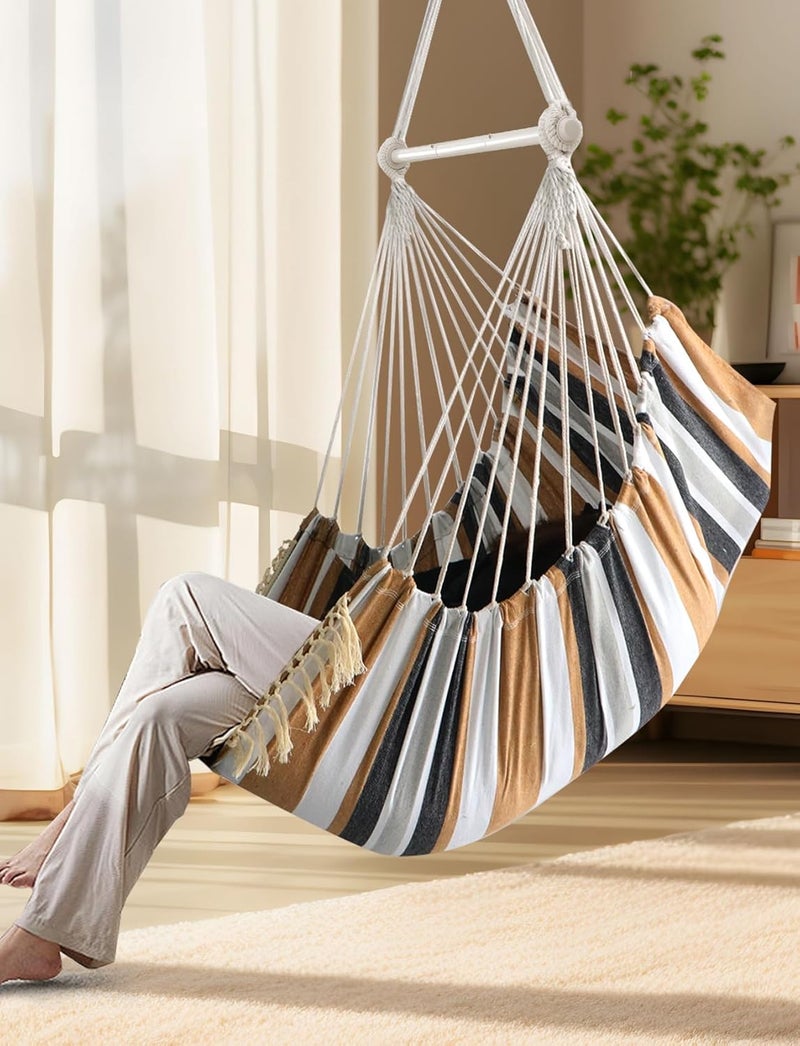 Chihee Hanging Swing Hammock Chair, 2 Cushions, Durable Stainless Steel Extendable Bar, Portable Hanging Chair, Side Pocket, Large Macrame Chair Set, Quality Cotton Fabric - Image 2