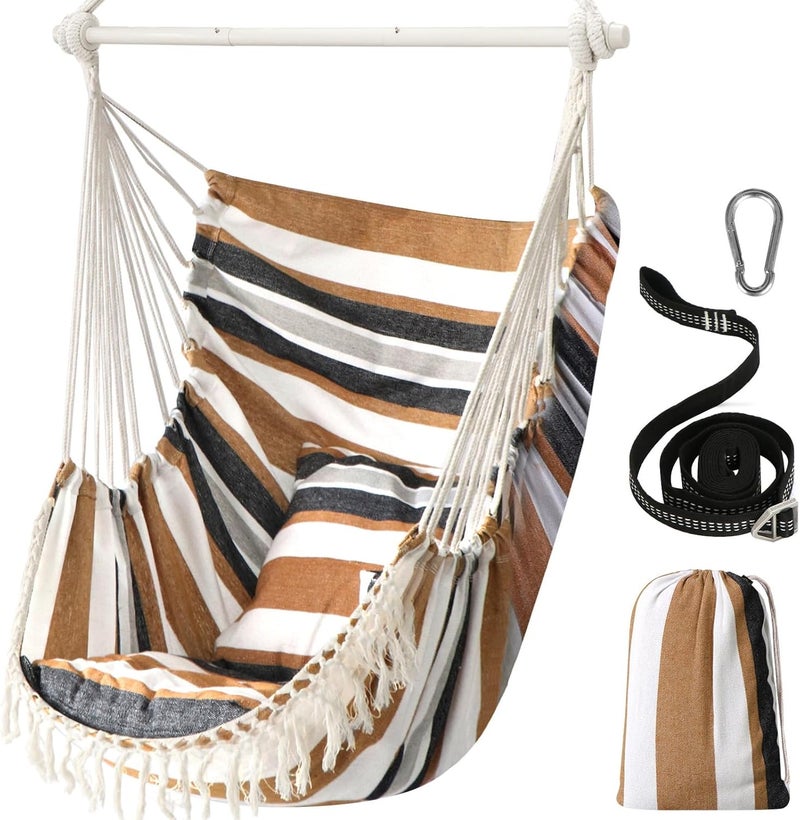 Chihee Hanging Swing Hammock Chair, 2 Cushions, Durable Stainless Steel Extendable Bar, Portable Hanging Chair, Side Pocket, Large Macrame Chair Set, Quality Cotton Fabric - Image 1