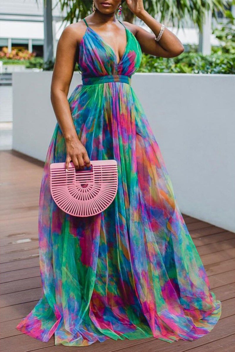 2021 Spring Summer Floral Print Maxi Mesh Dress Plus Size Purple  - Image 2