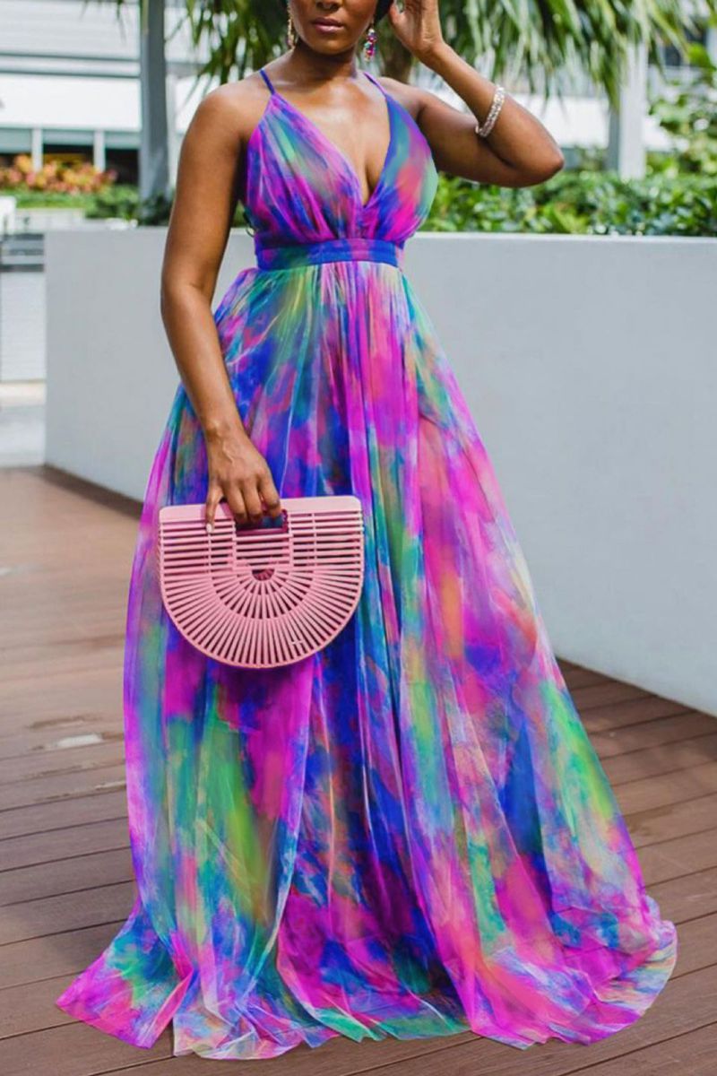 2021 Spring Summer Floral Print Maxi Mesh Dress Plus Size Purple  - Image 1