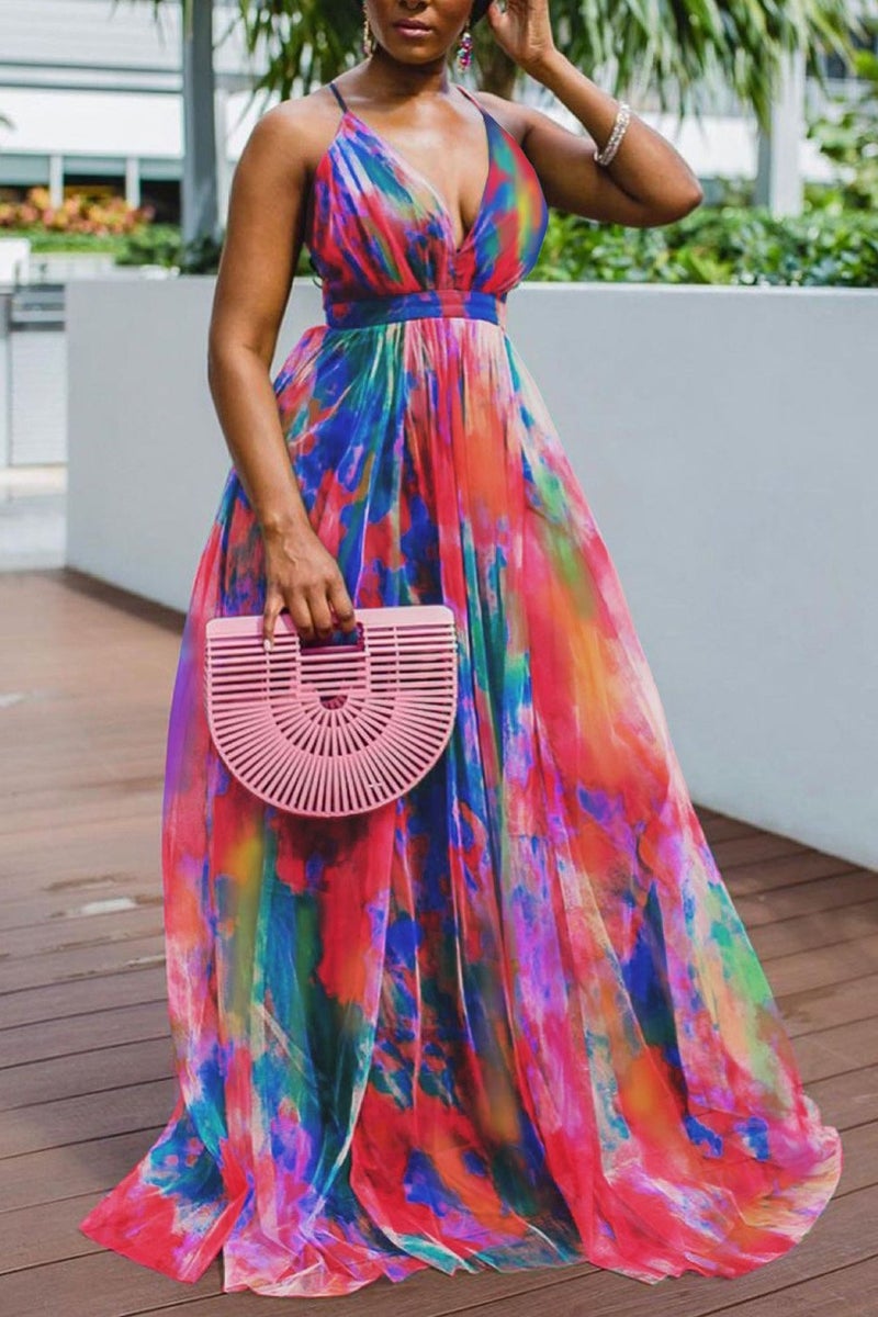 2021 Spring Summer Floral Print Maxi Mesh Dress Plus Size Purple  - Image 3