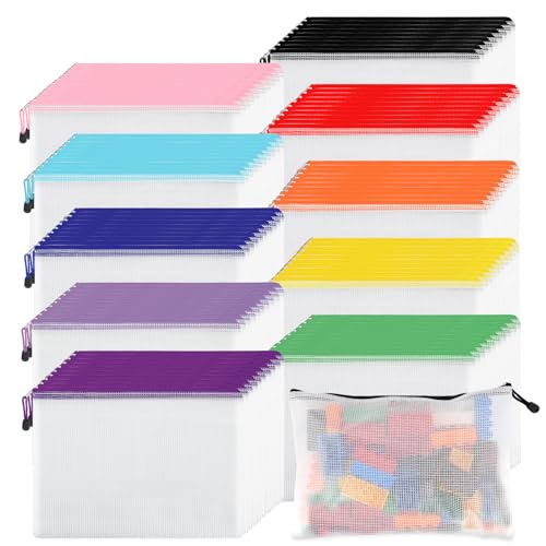 EOOUT 100pcs Mesh Zipper Pouch, A4 Size, 10 Colors Zipper Bags for Organizing Storage, Waterproof Puzzle Bag, Zipper File Bags for Board Games and School Office Supplies - Image 1