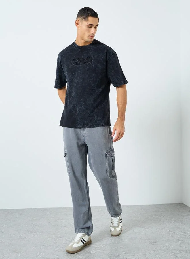 Styli Styli Acid Wash Oversized Terry T-Shirt with Embossed Print