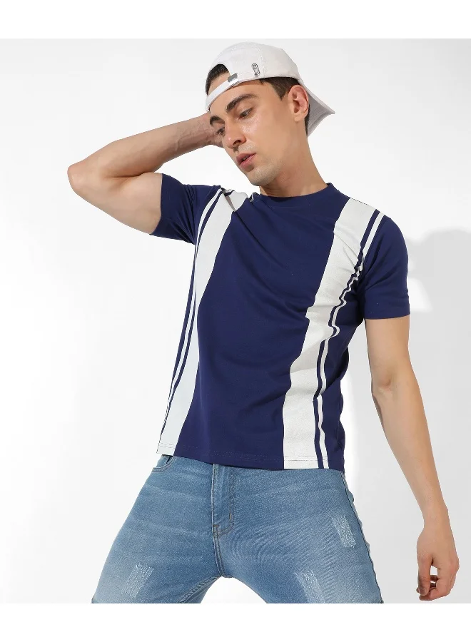 Campus Sutra Men's Blue Colourblocked Regular Fit Casual T-Shirt