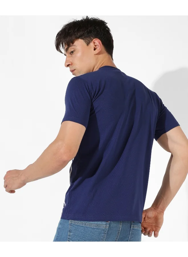 Campus Sutra Men's Blue Colourblocked Regular Fit Casual T-Shirt