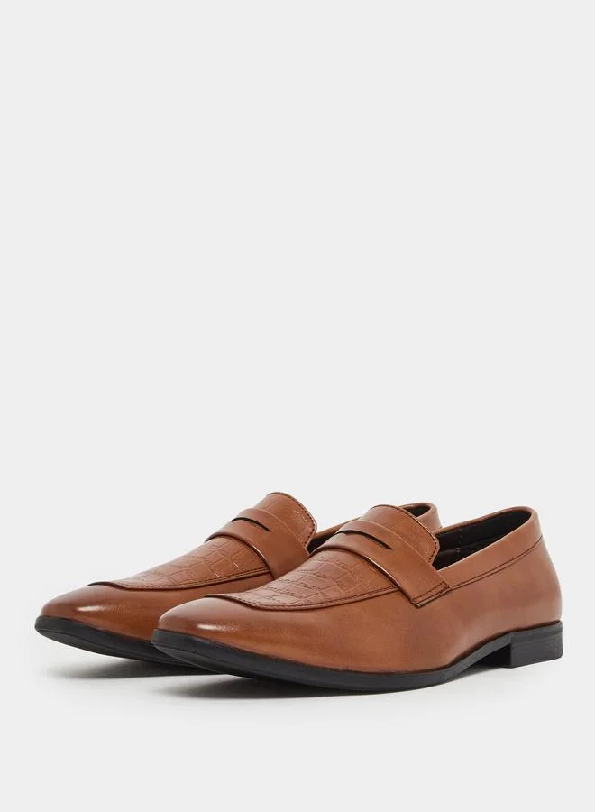 Styli Brown Textured Slip-On Loafers