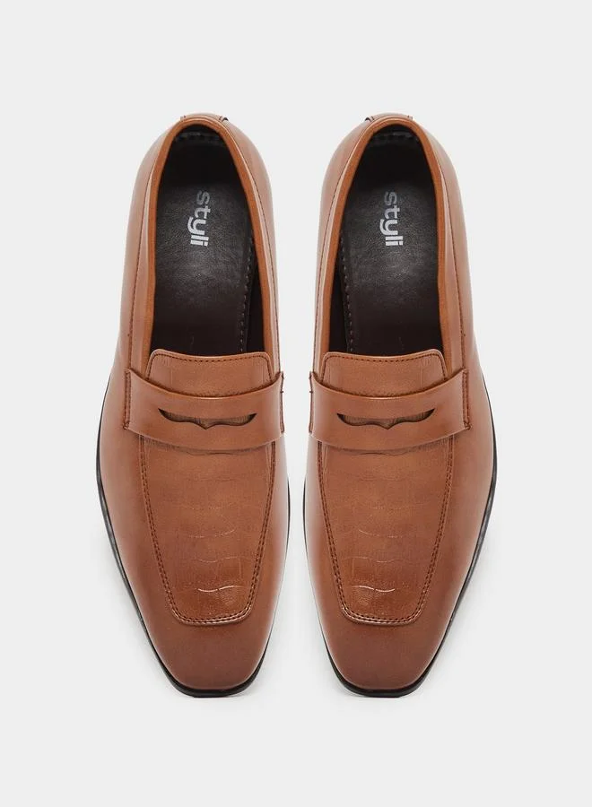 Styli  Brown Textured Slip-On Loafers for Men | Best Price UAE