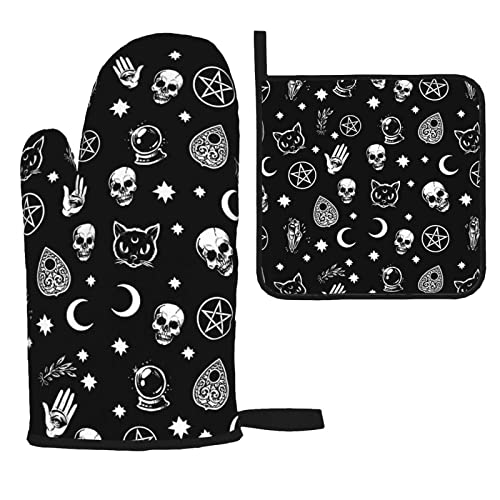 Skull Cat Moon Gothic Oven Mitts and Pot Holders SetsHeat Resistant Non Slip Kitchen Gloves Hot Pads with Inner Cotton Layer for Cooking BBQ Baking Grilling