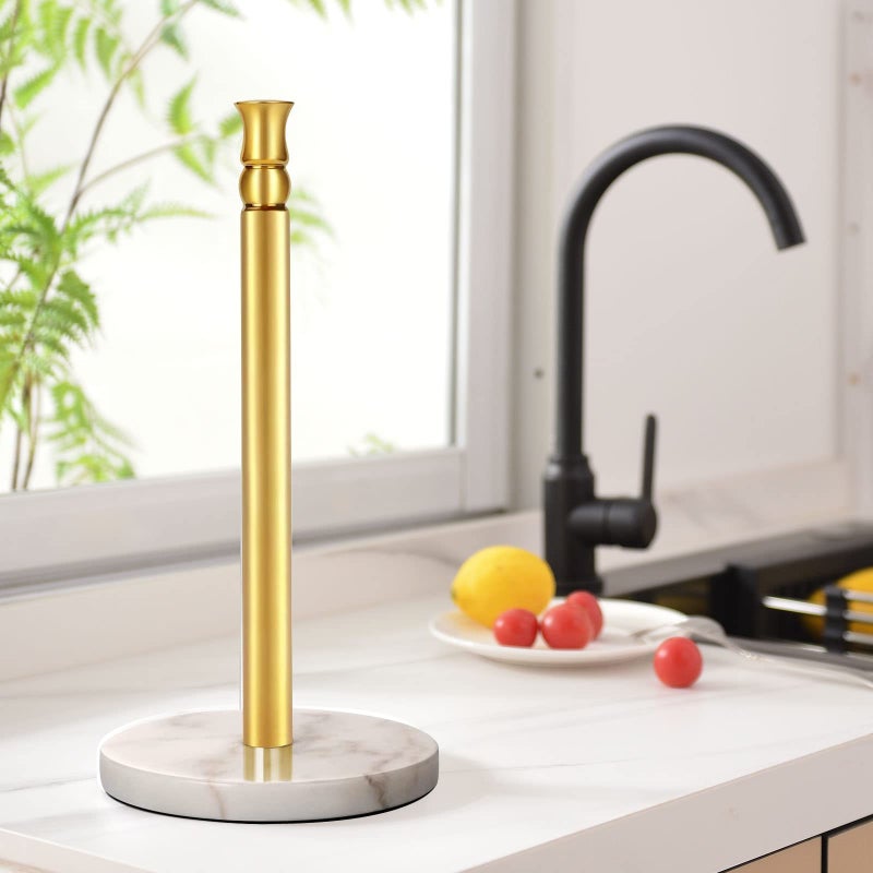 Siwil Paper Towel Holder Stand  One-Handed Ripping Paper Towel Roll Holder Countertop  Heavy Marble Base  Not Tip Over - (Marble Base  Gold) - Image 3