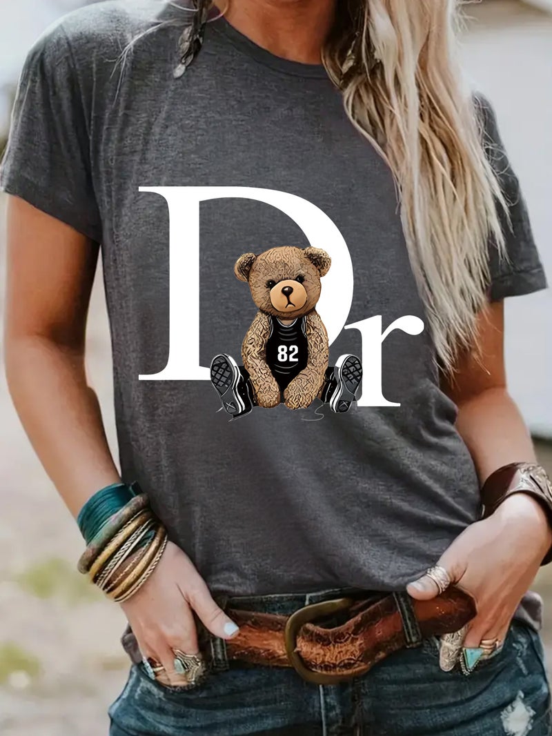 Fashion T-Shirt Women'S Bear Letter Printing Short-Sleeved T-Shirt Women'S - Image 2