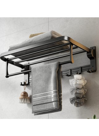 60 cm Foldable Towel Rack withTowel Bar, Wall Mounted Towel Shelf, Matte Black, Rustproof, Drillable, with Movable 5 Hooks, for Bathroom Lavatory Storage - pzsku/Z87DE642EB8E3321509ADZ/45/_/1714287044/4117827f-d5e5-4d93-a5a6-13f5d48a6e80
