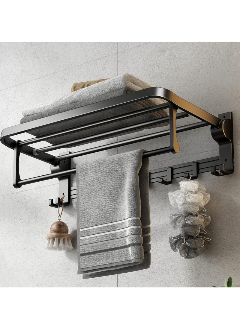 SYOSI 60 cm Foldable Towel Rack withTowel Bar, Wall Mounted Towel Shelf, Matte Black, Rustproof, Drillable, with Movable 5 Hooks, for Bathroom Lavatory Storage  - Image 1