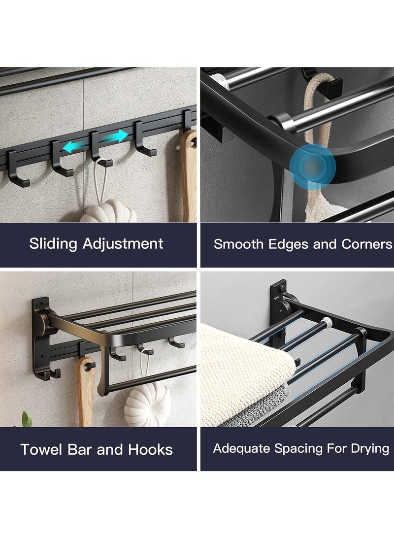 SYOSI 60 cm Foldable Towel Rack withTowel Bar, Wall Mounted Towel Shelf, Matte Black, Rustproof, Drillable, with Movable 5 Hooks, for Bathroom Lavatory Storage  - Image 4