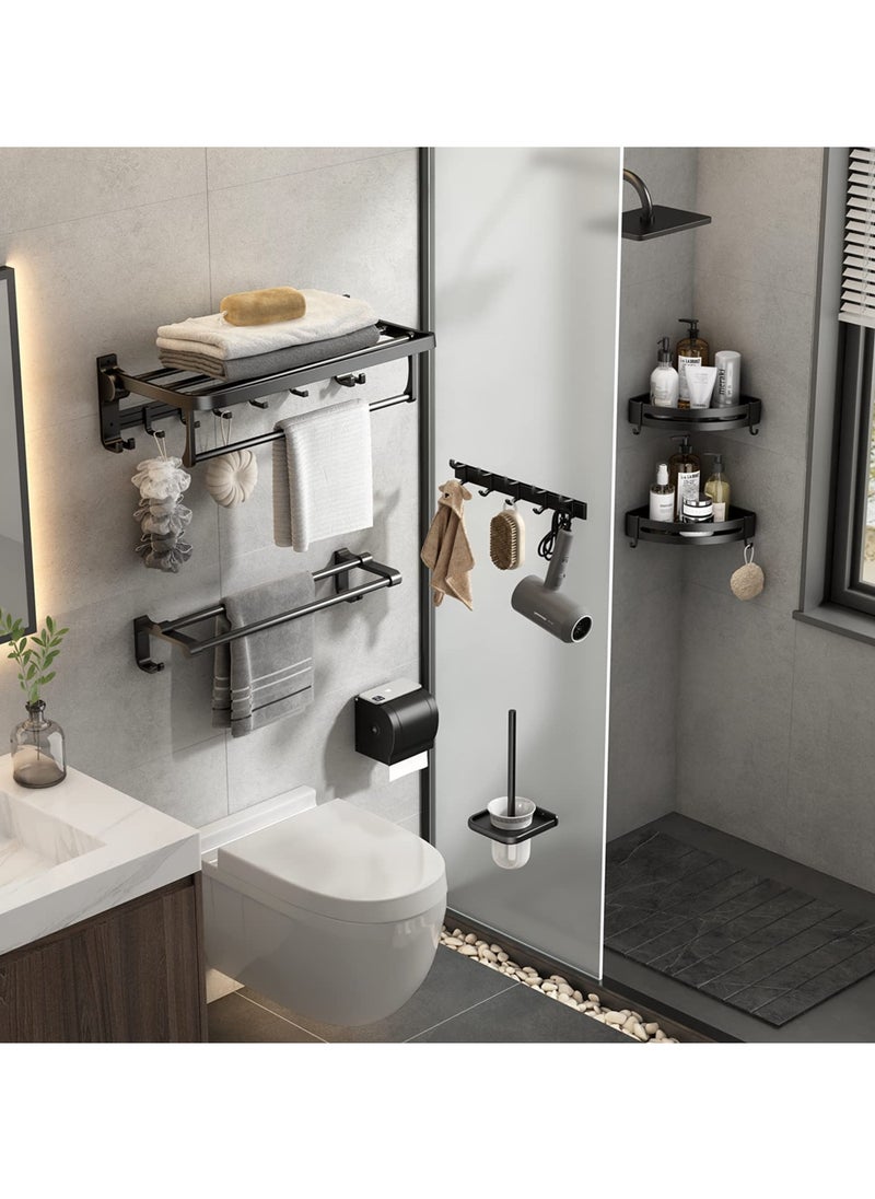 SYOSI 60 cm Foldable Towel Rack withTowel Bar, Wall Mounted Towel Shelf, Matte Black, Rustproof, Drillable, with Movable 5 Hooks, for Bathroom Lavatory Storage  - Image 2