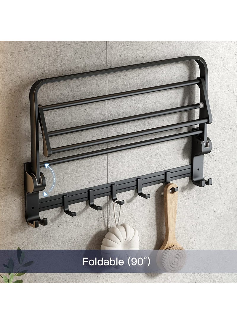 SYOSI 60 cm Foldable Towel Rack withTowel Bar, Wall Mounted Towel Shelf, Matte Black, Rustproof, Drillable, with Movable 5 Hooks, for Bathroom Lavatory Storage  - Image 3