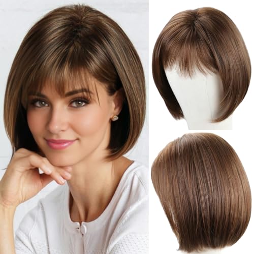 RENERSHOW Short Brown Bob Wigs for Women Brown Mixed Blonde Synthetic Wig with Bangs 10inch Average Size Natural Looking Daily Party Wig - Image 1