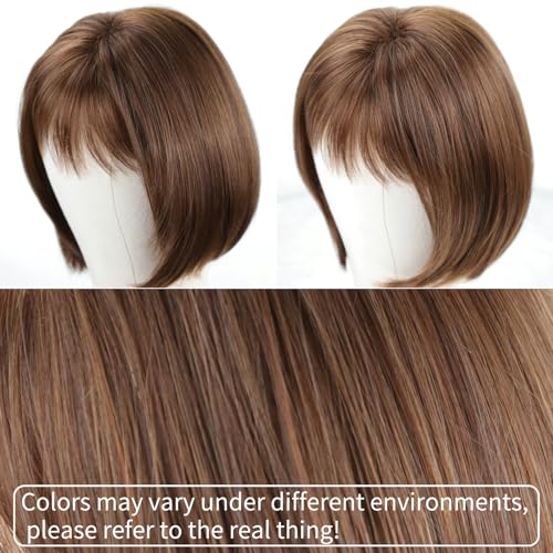 RENERSHOW Short Brown Bob Wigs for Women Brown Mixed Blonde Synthetic Wig with Bangs 10inch Average Size Natural Looking Daily Party Wig - Image 3