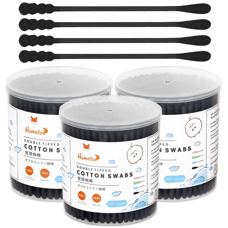 HOMEFOX Black Cotton Swabs Spiral - 600 Count Organic Cotton Buds Double Side Tightly Wrapped Charcoal Cotton Tips Paper Stick Soft Gentle Lint-Free Cruelty-Free Goth Bathroom, Round & Spiral (Black) - Image 1