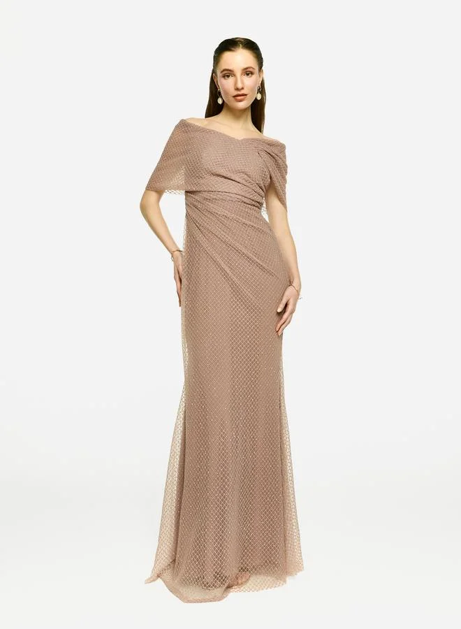 House of Moda House of Moda Embellished Mesh Off Shoulder Maxi Dress