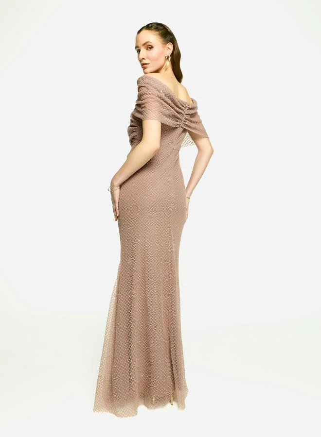 House of Moda House of Moda Embellished Mesh Off Shoulder Maxi Dress