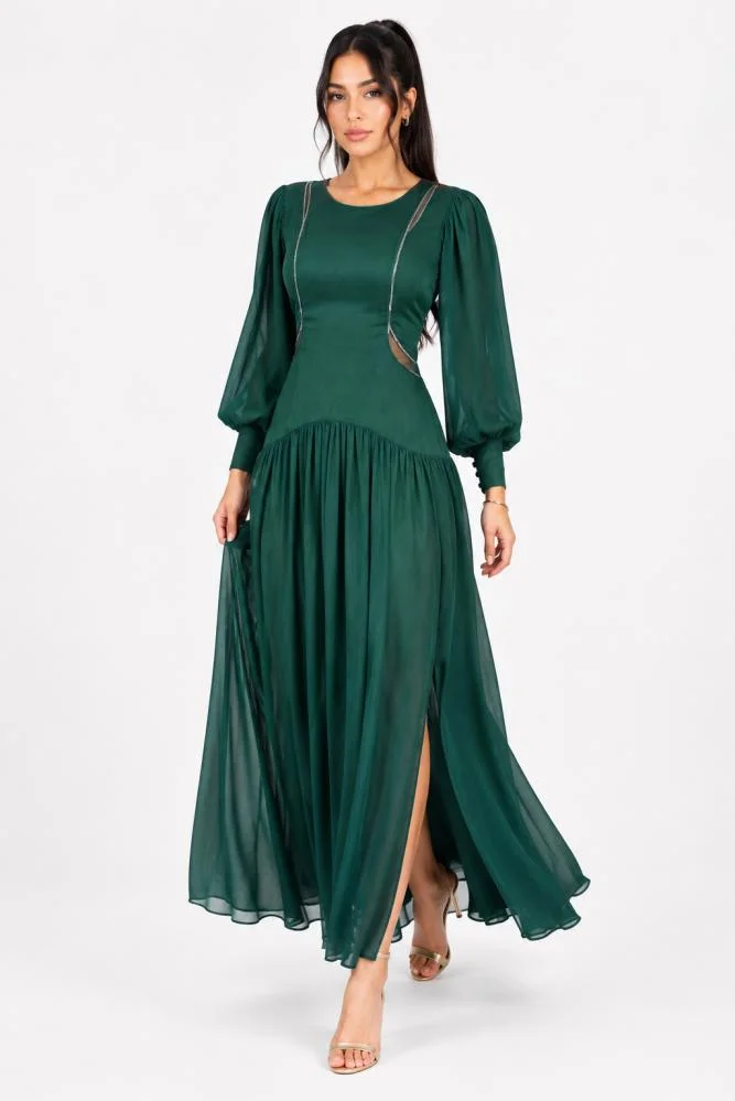 Opera Fashion Dark Green Evening Dress with Sheer Puff Sleeves