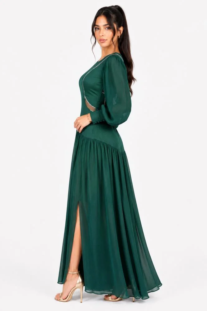Opera Fashion Dark Green Evening Dress with Sheer Puff Sleeves