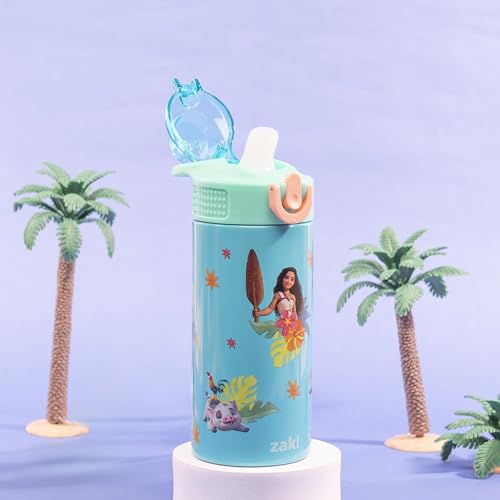 Zak Designs Disney Moana Sage Kids Water Bottle For School or Travel, 14oz Stainless Steel Water Bottle With Straw, Handle, and Leak-Proof, Pop-Up Spout Cover (Moana, Maui, Pua, Hei Hei) - Image 2