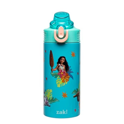 Zak Designs Disney Moana Sage Kids Water Bottle For School or Travel, 14oz Stainless Steel Water Bottle With Straw, Handle, and Leak-Proof, Pop-Up Spout Cover (Moana, Maui, Pua, Hei Hei) - Image 1