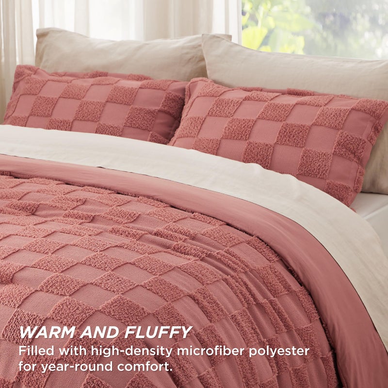 Bedsure Queen Size Comforter Set Grayish Pink, Boho Tufted Bed Set, Checkered Farmhouse Shabby Chic Bedding, 3 Pieces, 1 Plaid Geometric Comforter and 2 Pillow Shams - Image 3