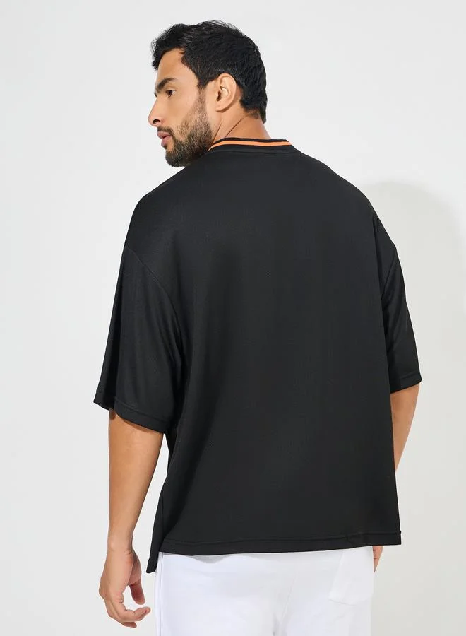 Styli Premium Mesh Knit V Neck Boxy T-Shirt with Tipping Rib