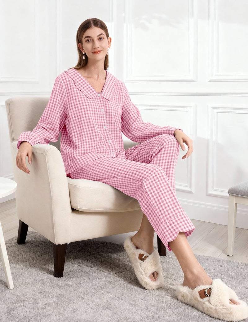 PEHMEA Women's Plaid Pajamas Set 2 Piece Cotton Gingham Sleepwear Puff Sleeve Scalloped Babydoll Shirt Lounge Pj Sets(Pink-M) - Image 3
