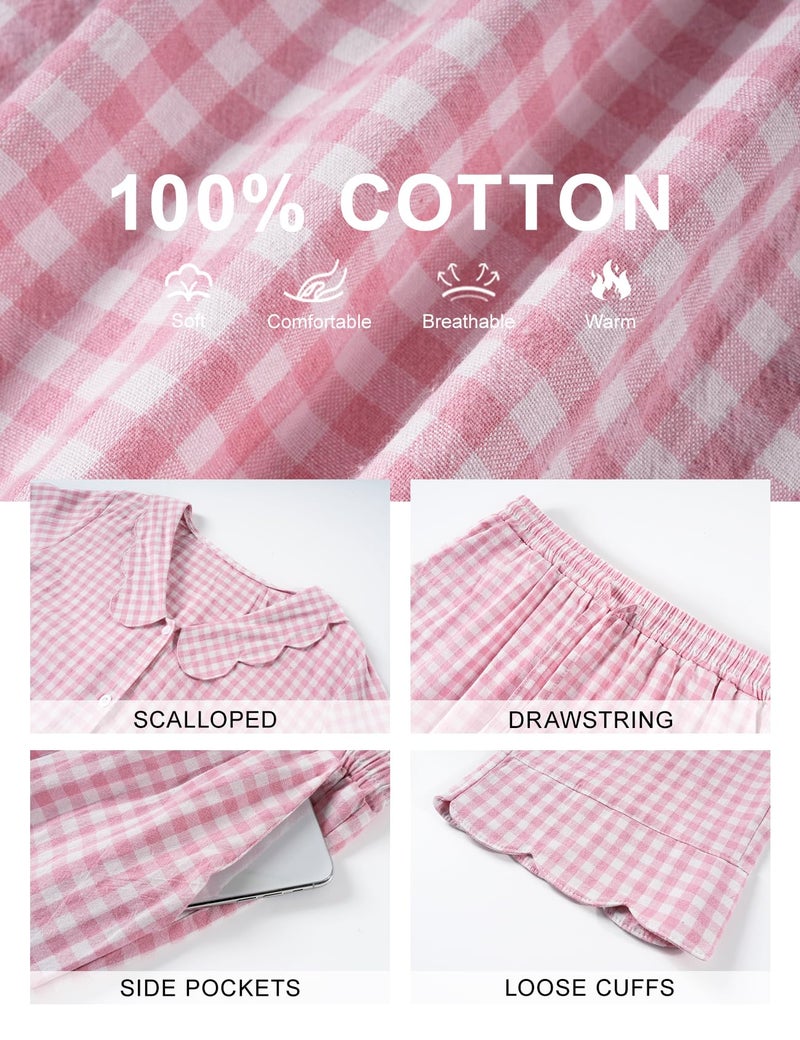PEHMEA Women's Plaid Pajamas Set 2 Piece Cotton Gingham Sleepwear Puff Sleeve Scalloped Babydoll Shirt Lounge Pj Sets(Pink-M) - Image 4