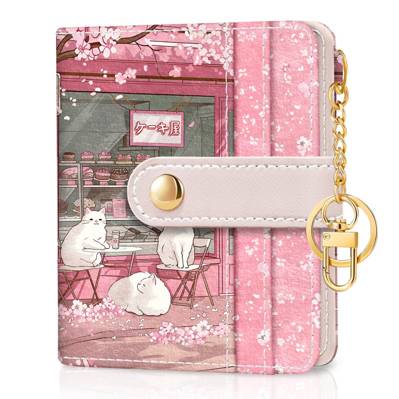 Jogjam Cute Kawaii White Cats Rfid Ladies Wallet, Small Credit Card Women Wallet, Japanese Dessert House PU Leather Bifold Cash Zipper Coin Pocket for Female - Image 1
