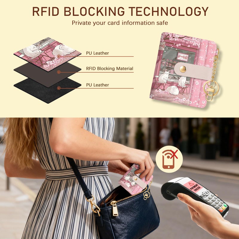 Jogjam Cute Kawaii White Cats Rfid Ladies Wallet, Small Credit Card Women Wallet, Japanese Dessert House PU Leather Bifold Cash Zipper Coin Pocket for Female - Image 3