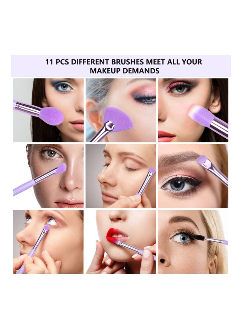 Premium 11 Pcs Professional Makeup Brushes Set with Synthetic Foundation Contour Eye Shadow and Cleaning Tools in Purple - Image 3