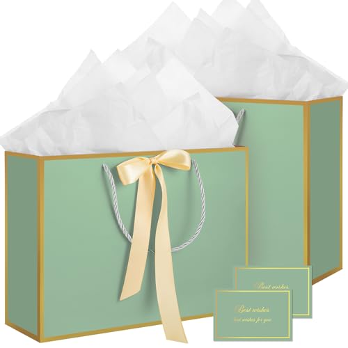 woric 137 Large Gift Bag with Handles 2 Pack Sage Green Gift Bags with Tissue Paper Greeting Card Ribbon for Wedding Bridal Shower Engagement Baby Shower - Image 1