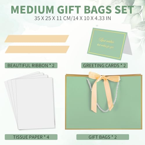 woric 137 Large Gift Bag with Handles 2 Pack Sage Green Gift Bags with Tissue Paper Greeting Card Ribbon for Wedding Bridal Shower Engagement Baby Shower - Image 3