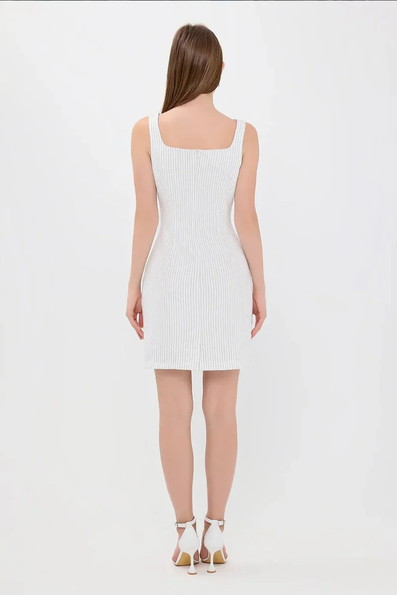 Hiccup White Striped Square Neck Sleeveless Mini Dress for Women | Best Price UAE