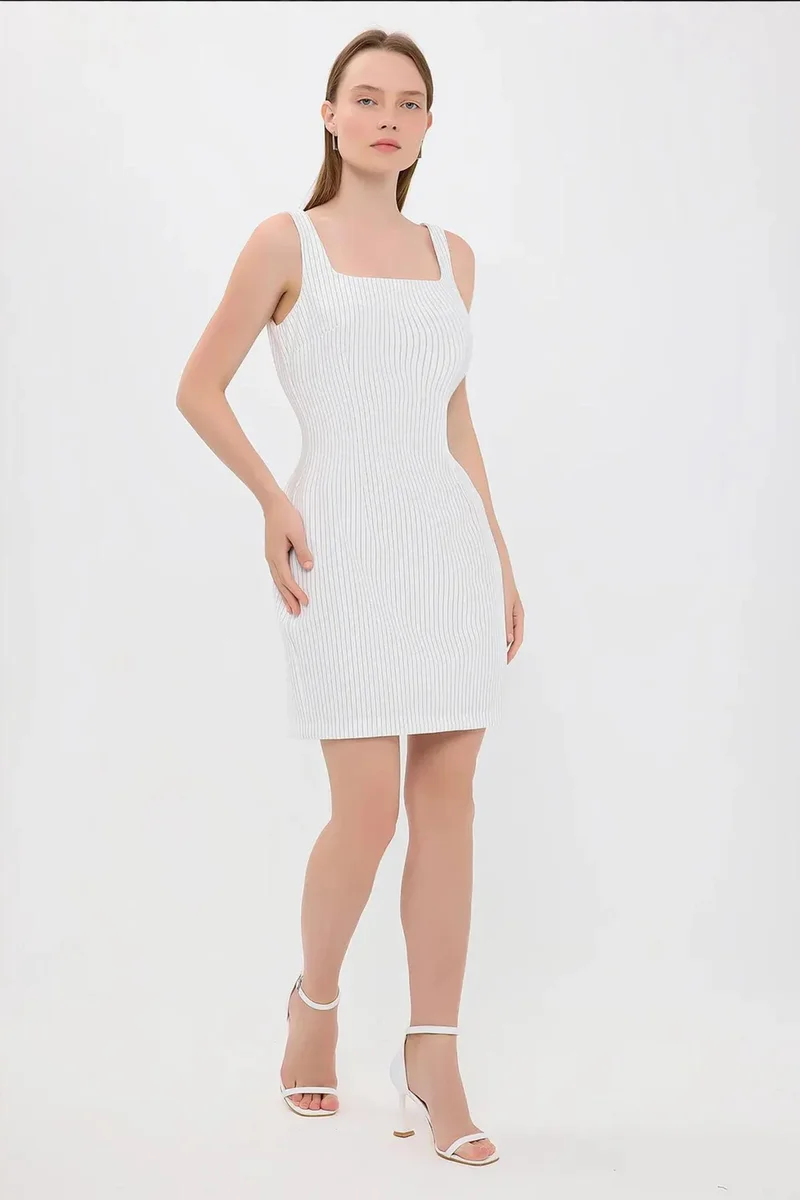 Hiccup White Striped Square Neck Sleeveless Mini Dress for Women | Best Price UAE