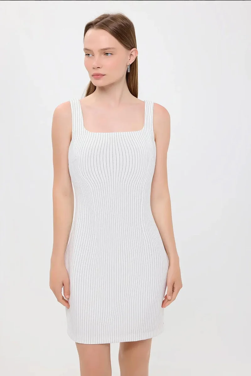 Hiccup White Striped Square Neck Sleeveless Mini Dress for Women | Best Price UAE