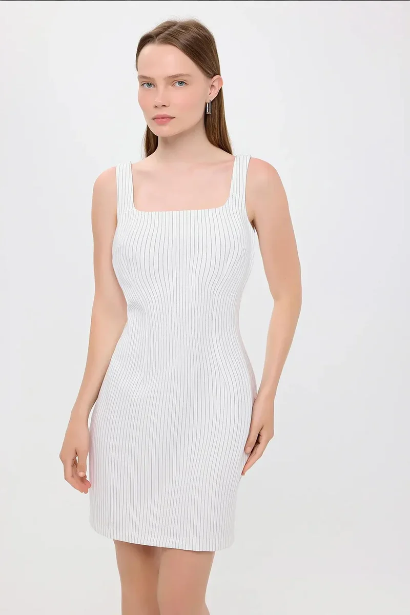 Hiccup White Striped Square Neck Sleeveless Mini Dress for Women | Best Price UAE