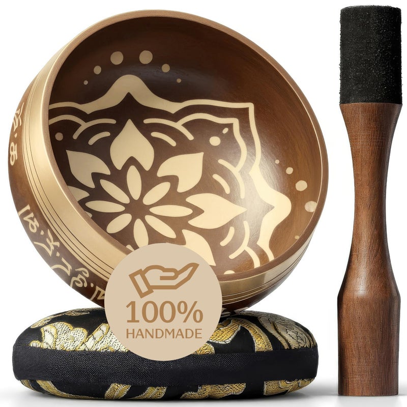 Silent Mind Handmade Tibetan Etched Singing Bowl Set â€“ Sound Bowl & Meditation Bowl with Cushion, Mallet & Guide â€“ Mindfulness Gift Ideas â€“ Relaxation Instruments â€“ Portable Meditation Kit - Image 1