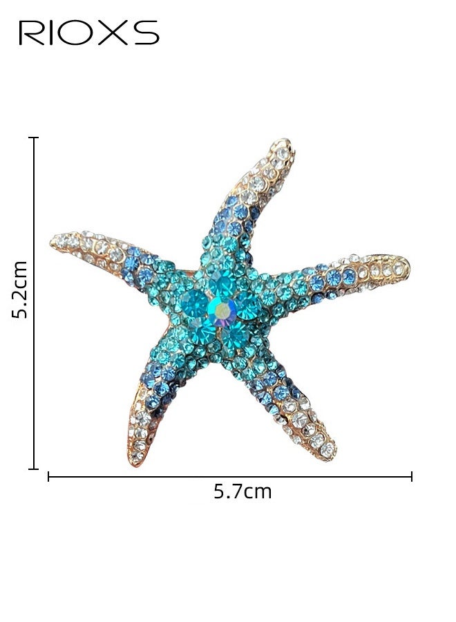 RIOXS Rhinestone Starfish Brooch Pin for Women, Gold Plated Shining Crystal Shell Star Shaped Ocean Sea Animal Brooches Lapel Pins, Delicate Wedding Beach Party Dress Accessories, Jewelry Gifts for Ladies Girls Beach Party,Blue - Image 2